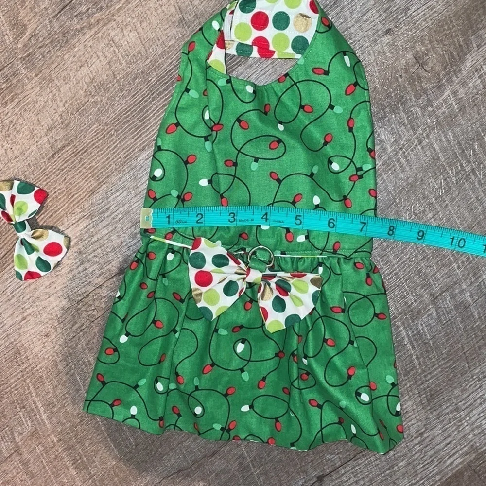 Handmade Green Christmas Light Polka Dot Halter Dog Dress with Matching Hair Bow